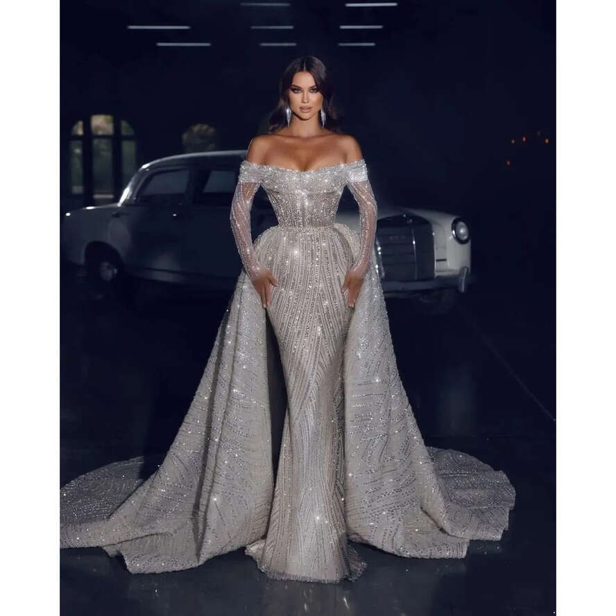 Wedding Long Sleeves Sparkg Bateau Off Shoulder Sequins Appliques 3D Lace Formal Dresses Detachable Bridal Gowns Sweep Train De Novia Custom Made