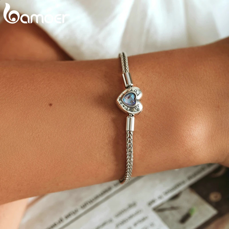 Heart Charm and Bead Bracelet 925 Pure Silver Snake Chain Basic Bracelet Womens Moonstone Jewelry 17CM 19CM 240925