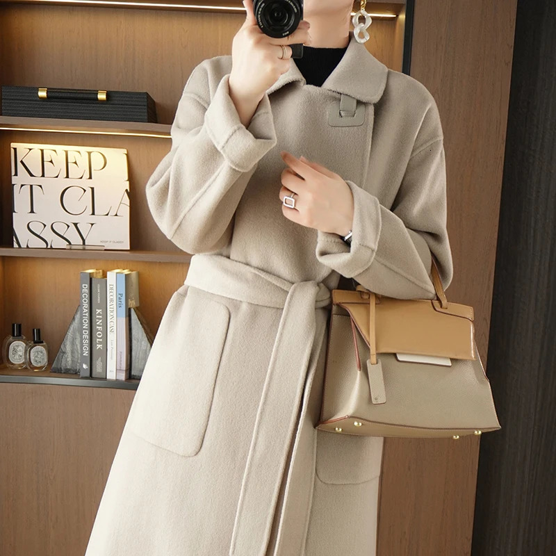 Autumn and Winter Solid Color Woolen Coat for Women Medium to Long Loose Bathrobe Double sided 240930