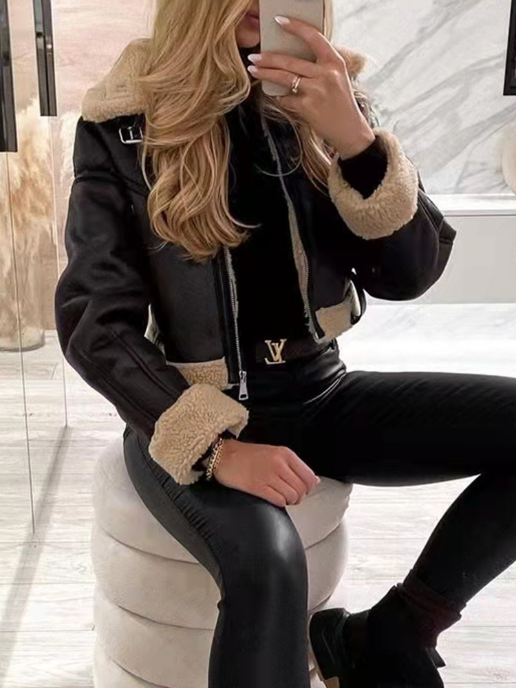 PUWD Retro Women Faux Fur One-Sided Double 2021 Winter Warm Locomotive Sashes Jacket Street Leisure Loose Female Outwear