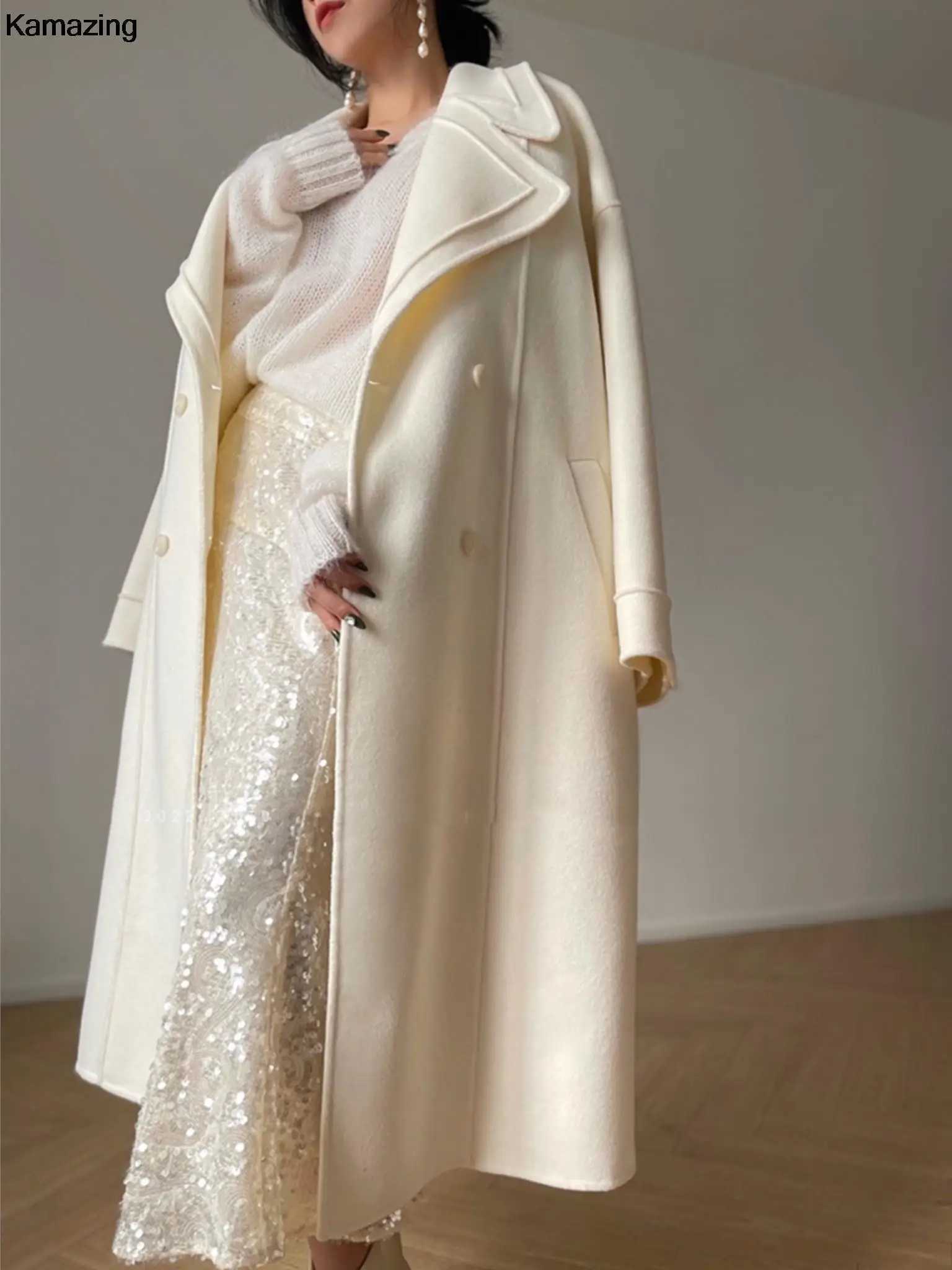 Elegant Woolen Long Coat Women New Fashion High Quality Spring Warm Solid Double Breasted Lapel Overcoat With Belt Female MujerX241009