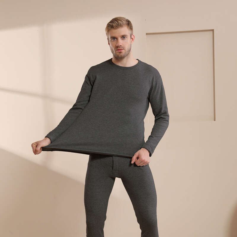 Men's Warm Underwear Set with Thick Round Neck Lamb Fleece Solid Color Bottom Coat Clothes Autumn Pants