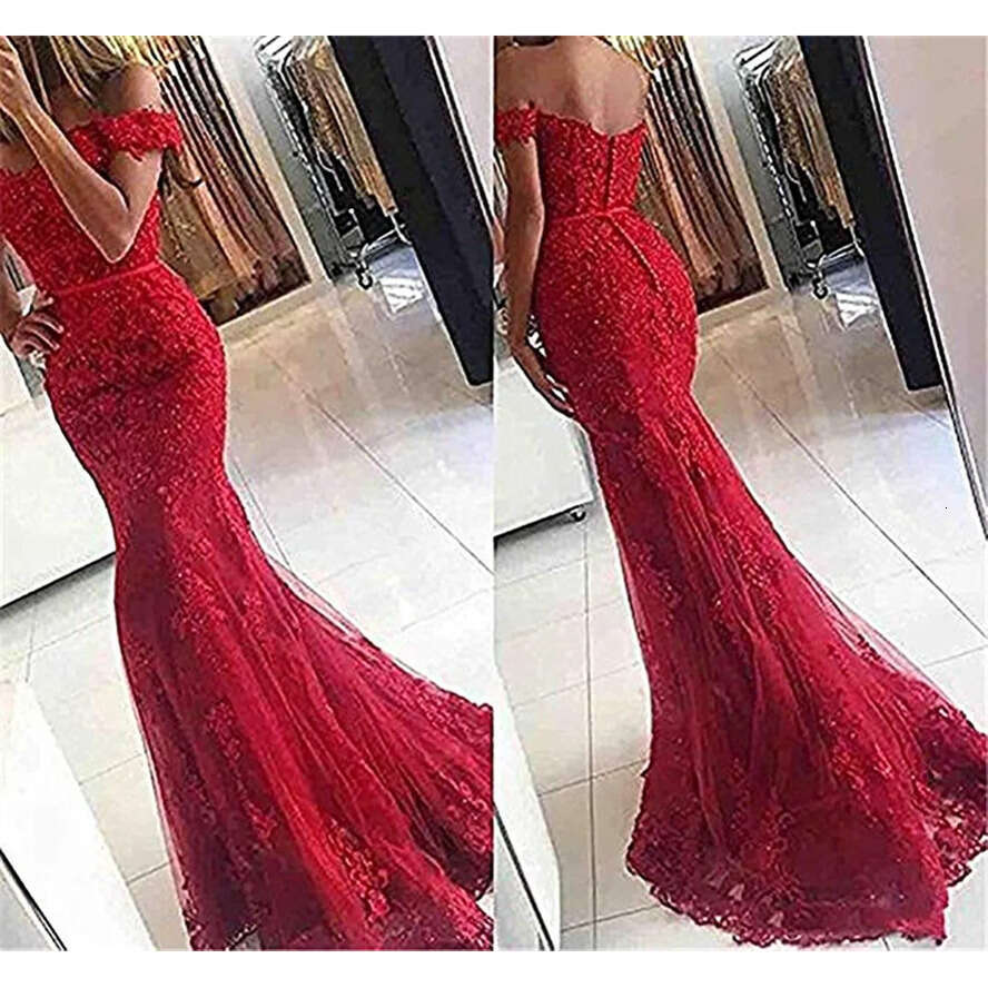 Bury Red New 2019 Royal Blue Cheap Mermaid Prom Dresses Long Off Shoulder Beads Sequined Lace Applique Evening Party Wear Formal Dress