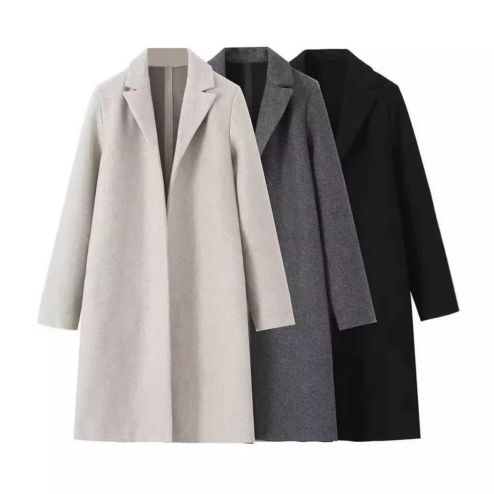 Women Autumn and Winter Fashion Solid Open Stitch Long Trench Coats Vintage V-Neck Full Sleeves Chic Lady Woolen CoatX241009