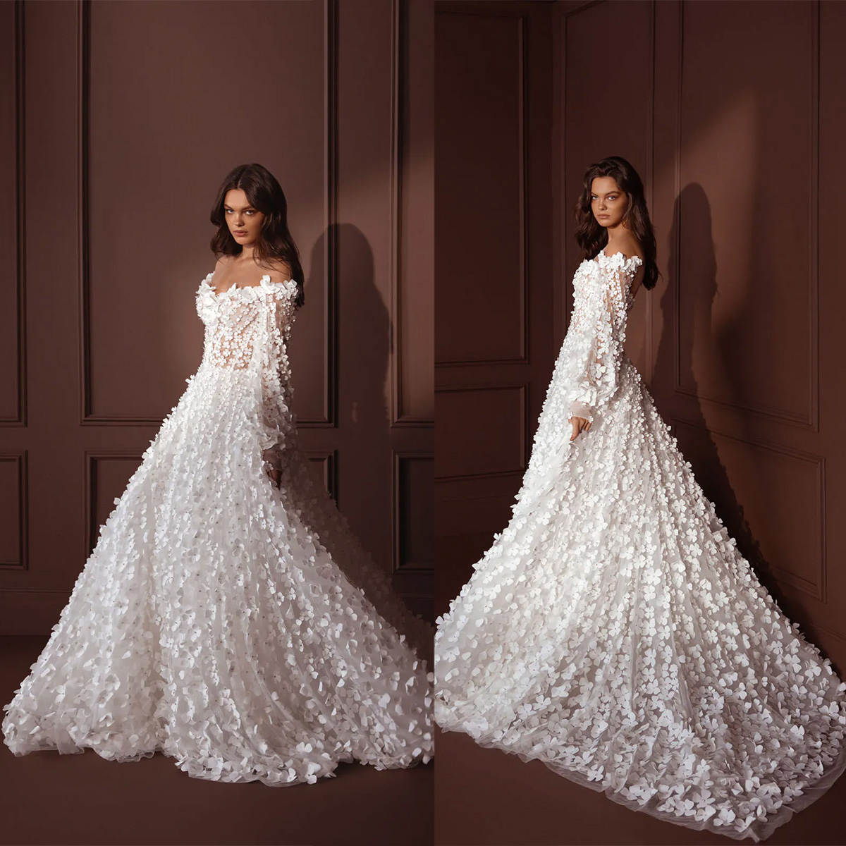 Romantic Flowers Beach Wedding Dresses Illusion Off Shoulder Long Sleeves Bridal Gowns Illusion Backless Bride Dress