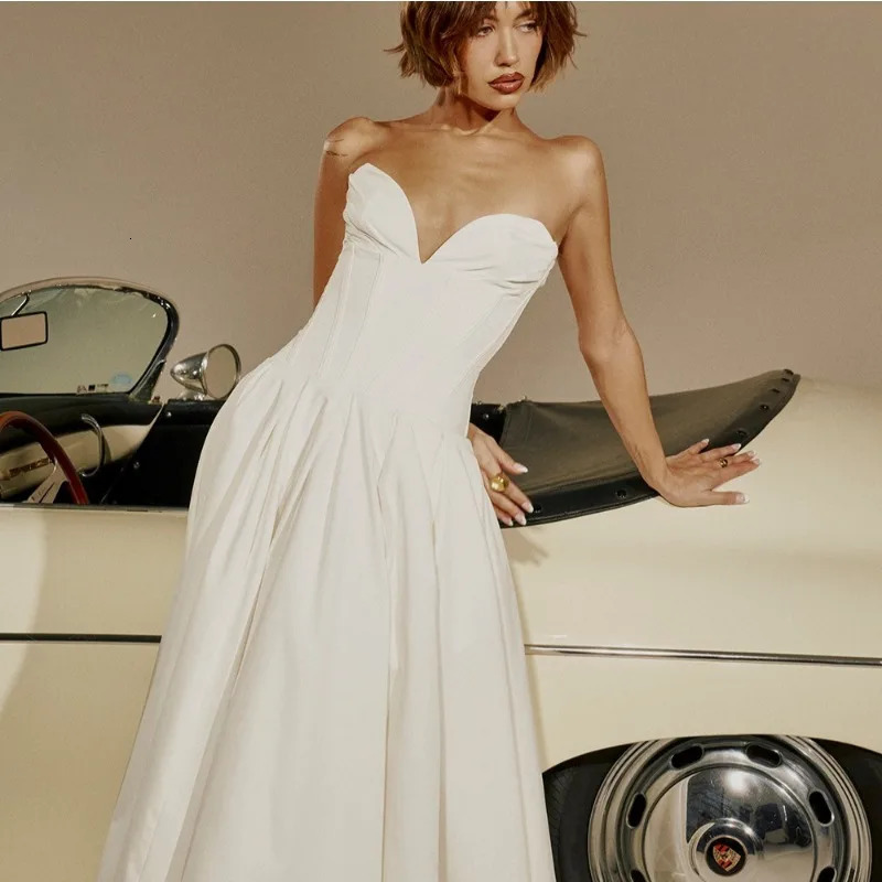 2024 Lady Strapless Midi Dres Sexy Summer Dresses Solid Color Fishbone Corset Graceful Birthday Evening Dress Vestidos 241009