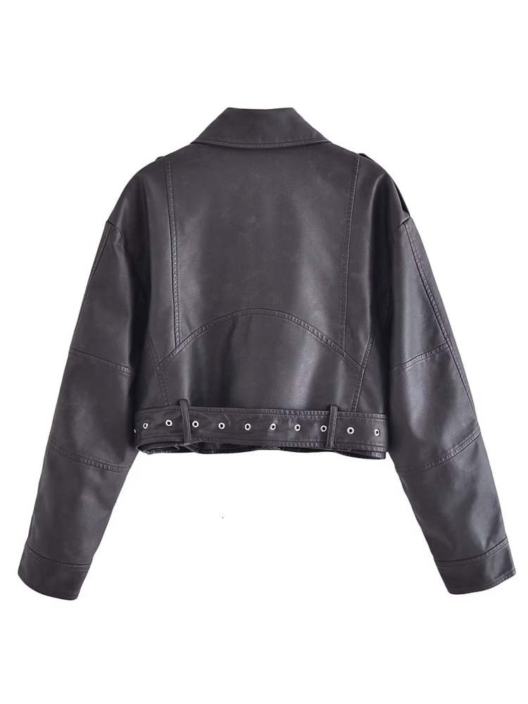 ZACK RAIN Women With Belt Washed Gradient Leather Jackets 2023 Fall/Winter Ladies Coat Vintage Solid Color Loose Female Outwear