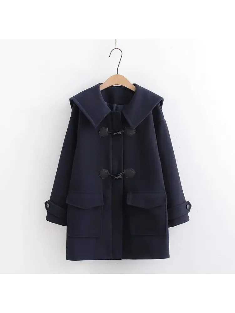 JK Thickened Add Cotton Wool Coat Female Autumn Winter Korean Woolen Jacket Horn Button Outerwear Long Preppy Style Ladies CoatX241009