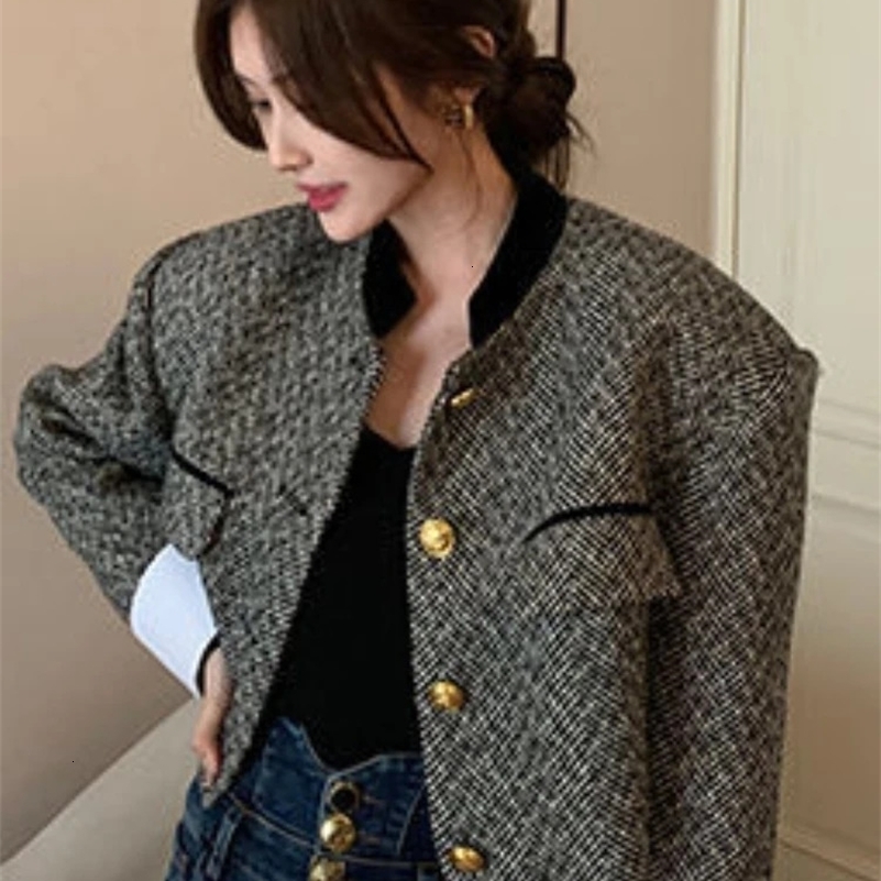 Woherb Fashion Korean Chic Vintage Tweed Jacket Coat Women Spring Contrast Color Cropped Jackets Elegant Office Lady Outwear 241008