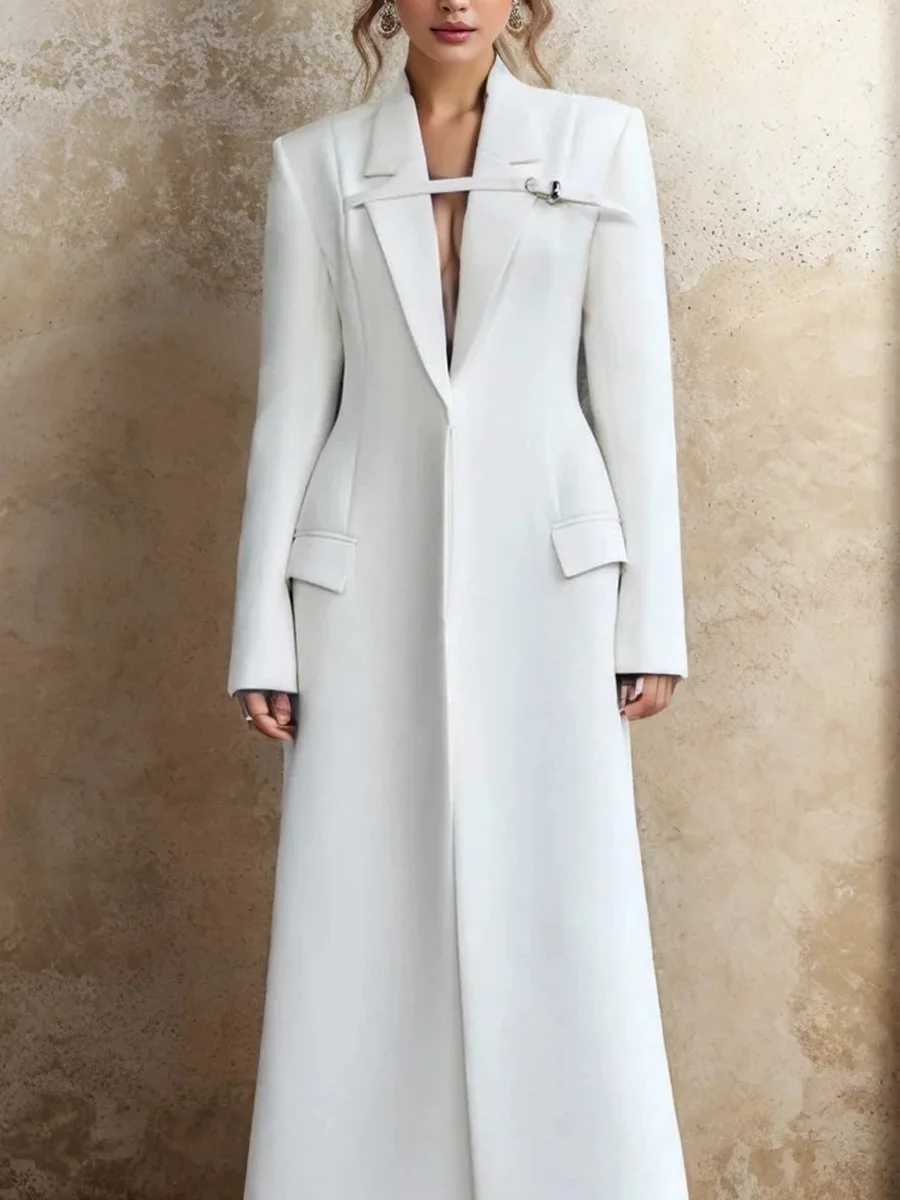 Slim High-Quality Woolen Windbreaker Jacket Autumn Long Sleeve New Style Elegant White Black buckle Long Suit Coat for womenX241009