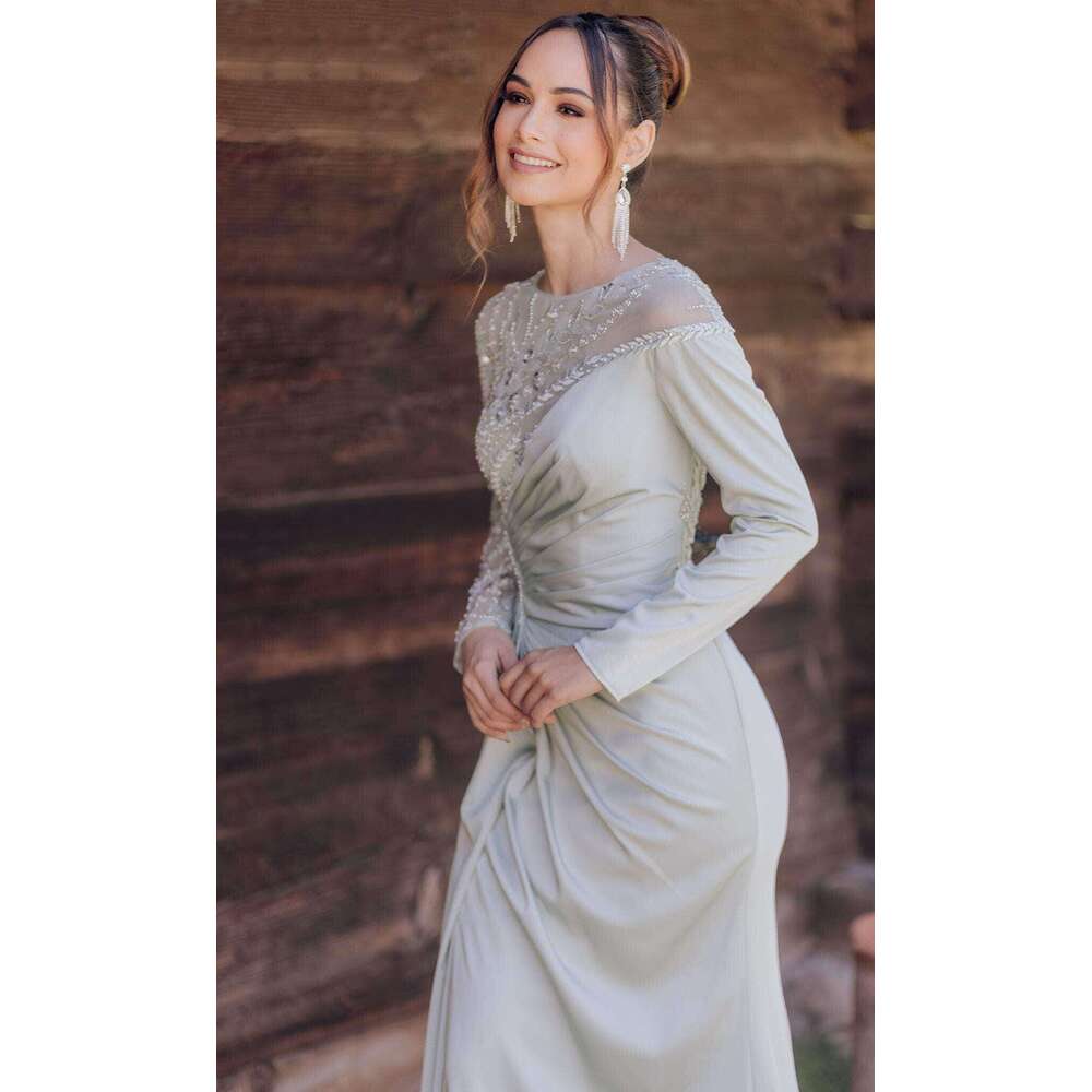 Ful Evening Dresses Mermaid Appliques Sequined Beading Long Sleeve Prom Gown Party Dress Vestido De Noite Customized 0228Lz