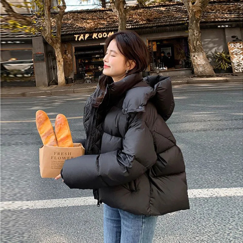 Ins Fashion Down Cotton Jacket Hooded Thick Short Cotton Jacket Winter Loose Bread Clothing Cotton Jacket 241007
