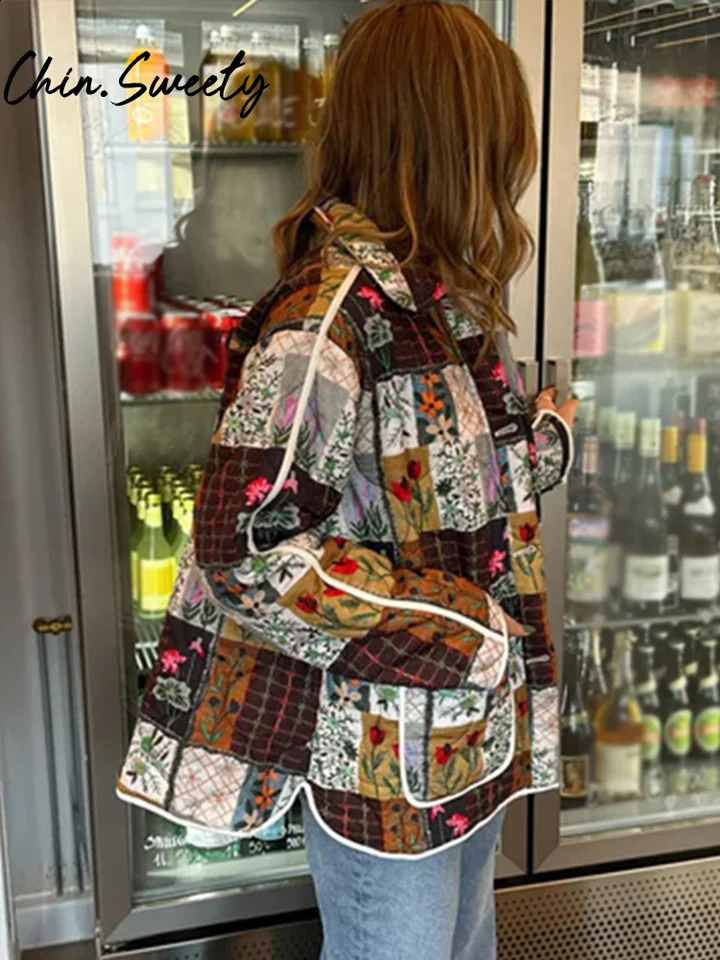 Bohemian printed womens cotton coat casual lapel single chest pocket womens coat autumn winter fashion womens jacket 241007