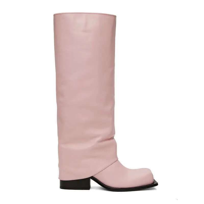 2023 New Big Apron Square Round Head Long Barrel Women's Genuine Leather Thick Sole Metal Knight Boots