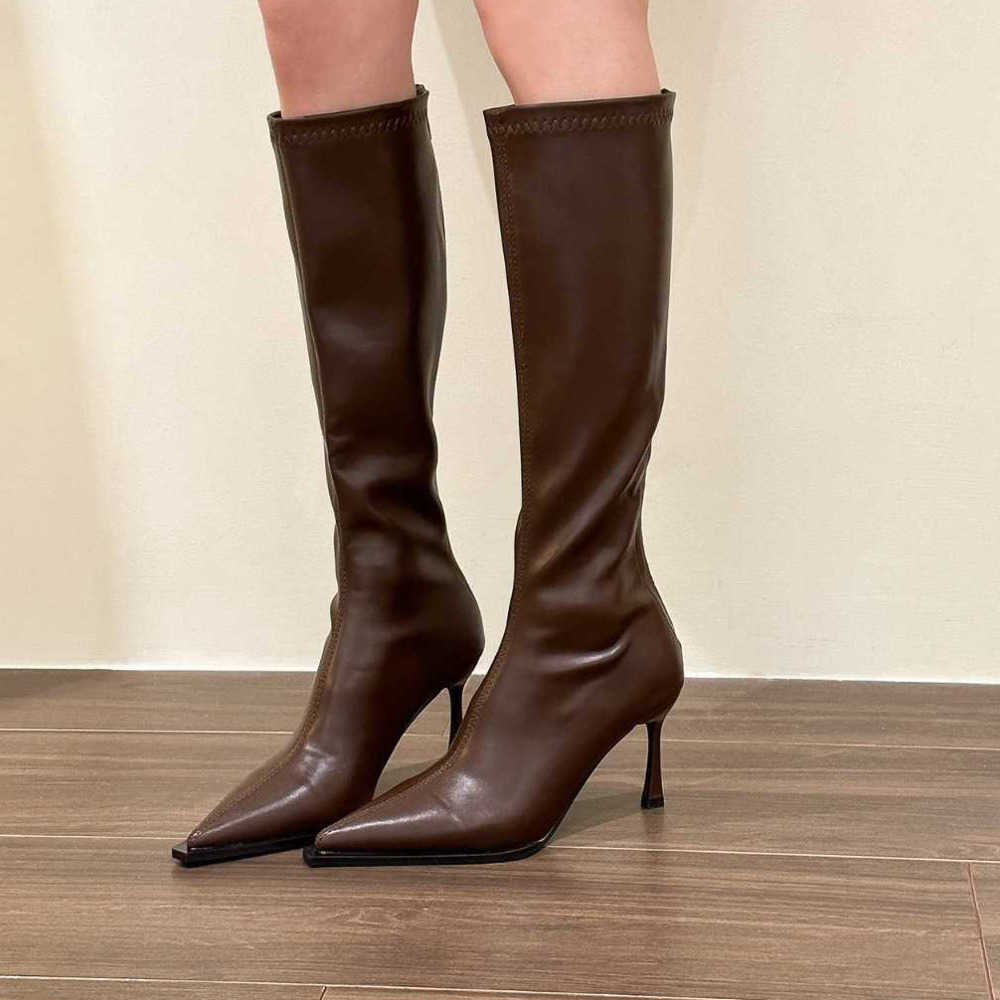 Slimming Pointed High-heeled Martin Women Boots Leather Elastic Long Fashion Boots For Womens Autumn And Winter Leg Hugging Boots 240826