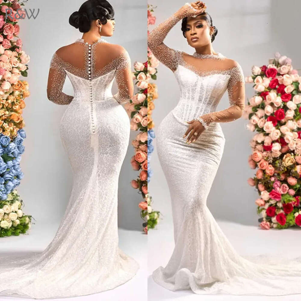 R&W 2024 Plus Size Bride Mermaid Wedding Dress Bridal Gowns High Neck Long Sleeves Illusion Beaded Lace Marriage Gown For African Black Women D301
