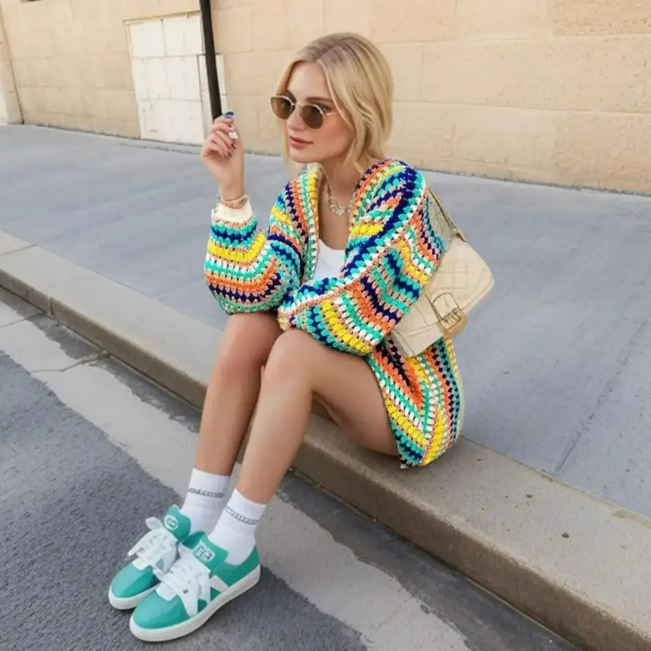 BOHO Contrast Color Geometric Striped Crochet Cardigan Woman Full Lantern Sleeve Sweater Open Stitching Knitwear Jumper Holiday 241009