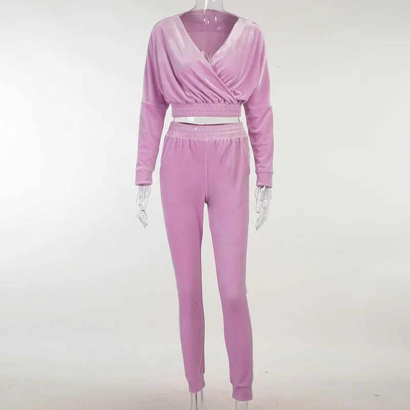 Womens 2piece Velvet Dress Autumn Side Striped Running Set Sportswear Long Sleeve Wrap Vneck Crop TopSports Pants 241007