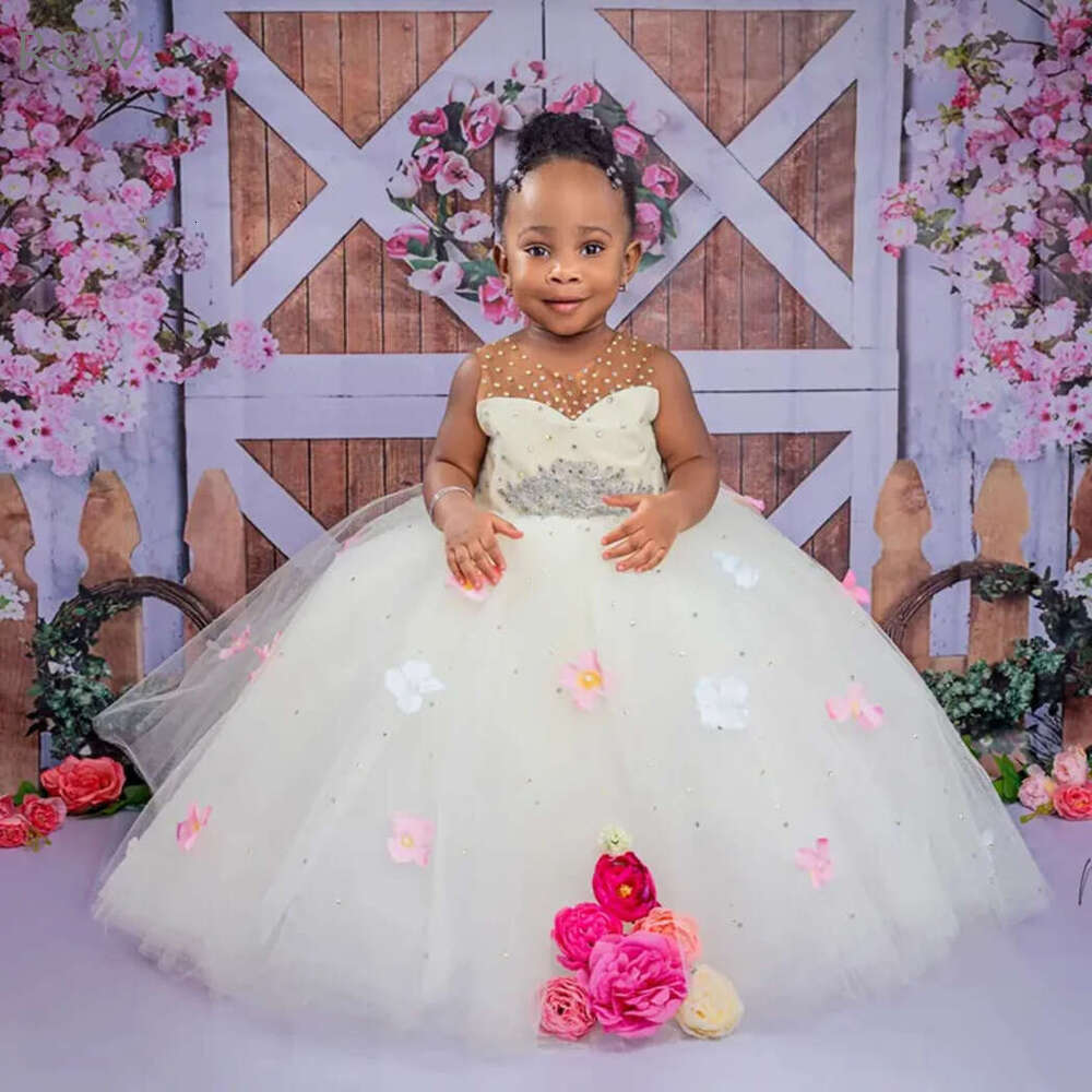 R&W White Tulle wer Girl Dresses Tiered Pearls Rehinetones Crystals Beaded Princess Queen Ball Gowns Girls' Dress For Wedding First Birthday Part