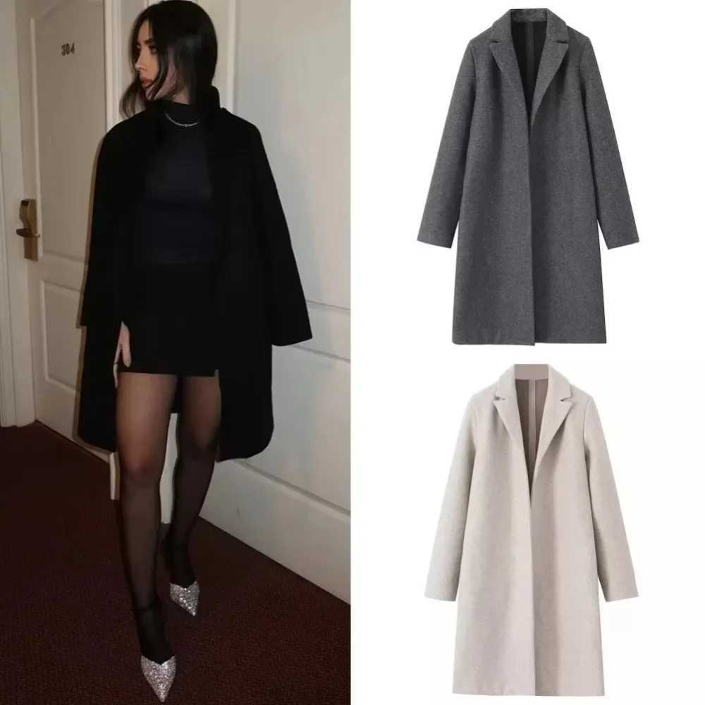 Women Autumn and Winter Fashion Solid Open Stitch Long Trench Coats Vintage V-Neck Full Sleeves Chic Lady Woolen CoatX241009