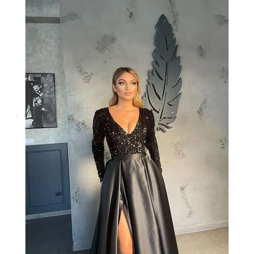 Dresses Blush Pink Prom With Pocket Sexy V Neck A E Split Evening Gowns Bgbg Sequined Top Satin Long Sleeve Vestidos Party Wears Bc15046 Vening Estido