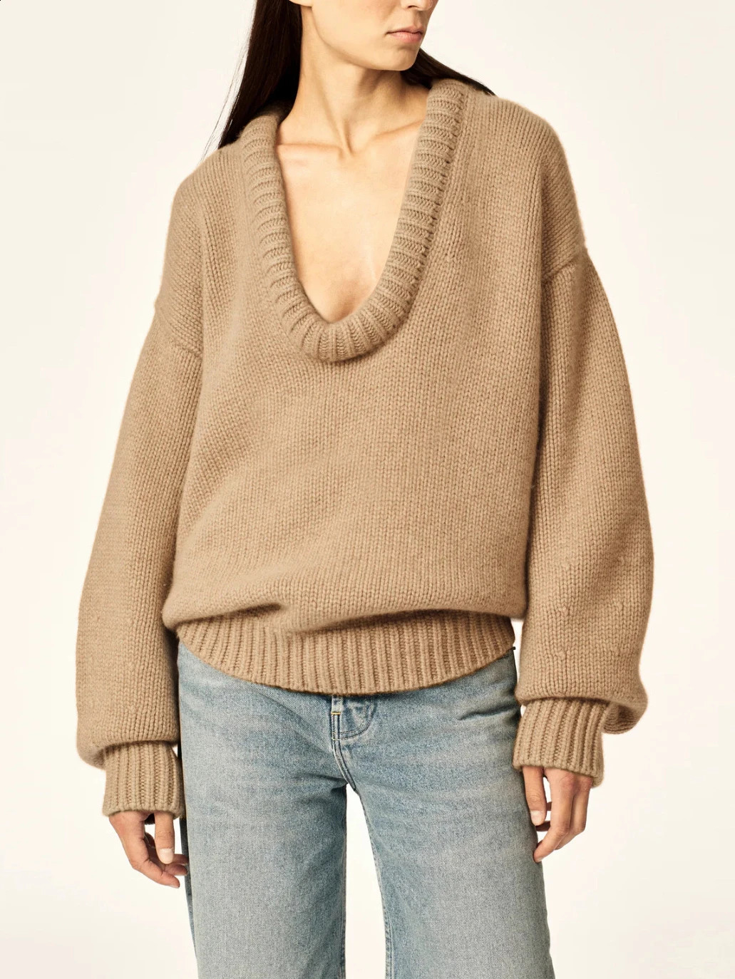 Autumn loose knit pull-out womens fashionable O-neck long sleeved sweater womens solid casual jumper 240927