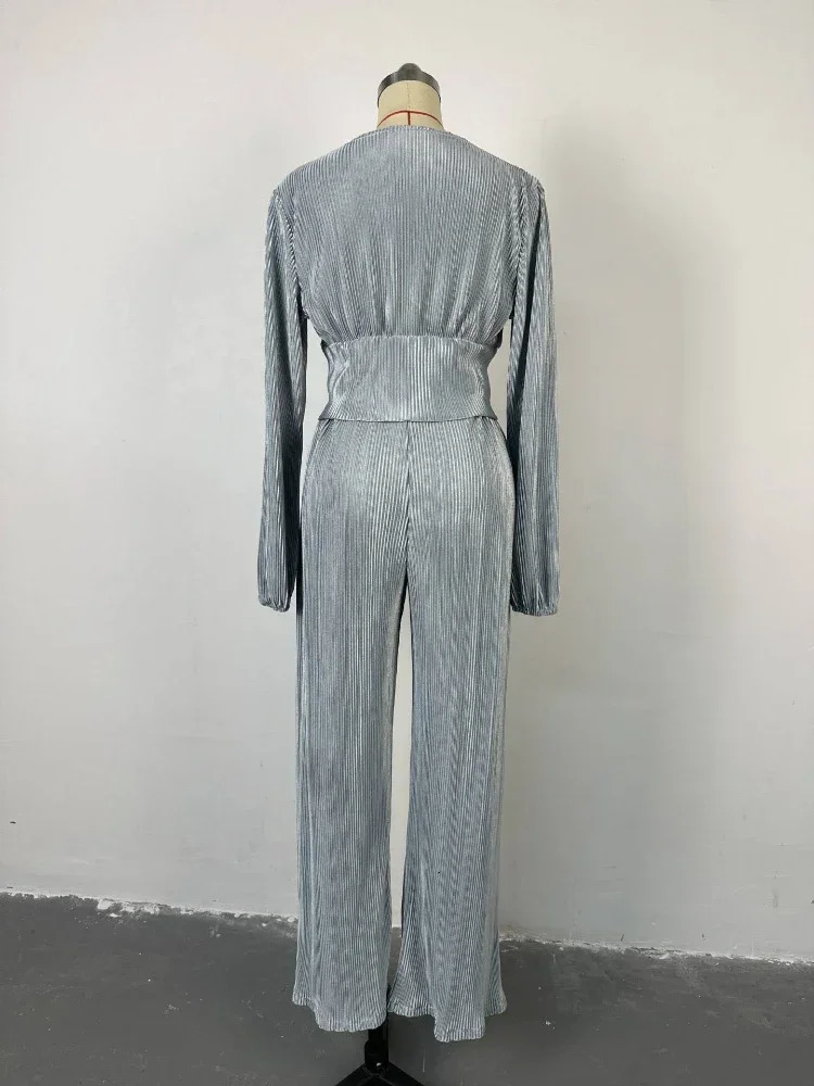 Laxsesu Two Piece Pant Sets Sexy Outfits Womens Knitted Long Puff Sleeve TopWide Leg Pants Set Street Clothing 241008