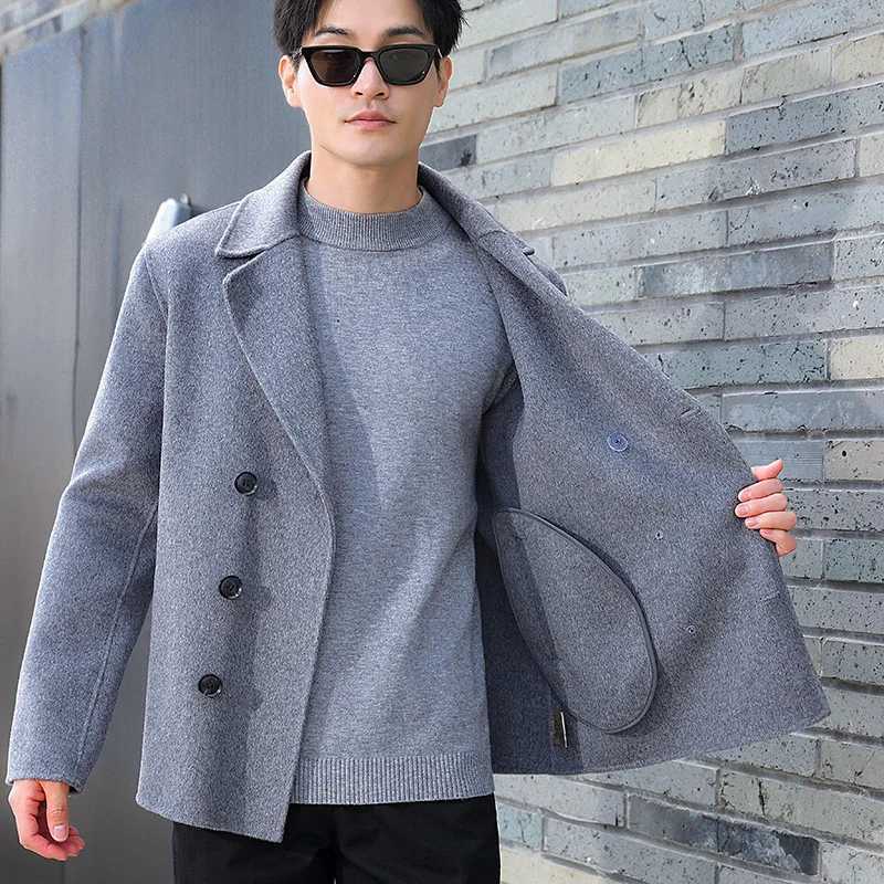 Autumn And Winter Handmade Mens Double-Sided Suit Collar Korean Version 100% Merino Wool Coat Cashmere Business Coat Short Top LX241010