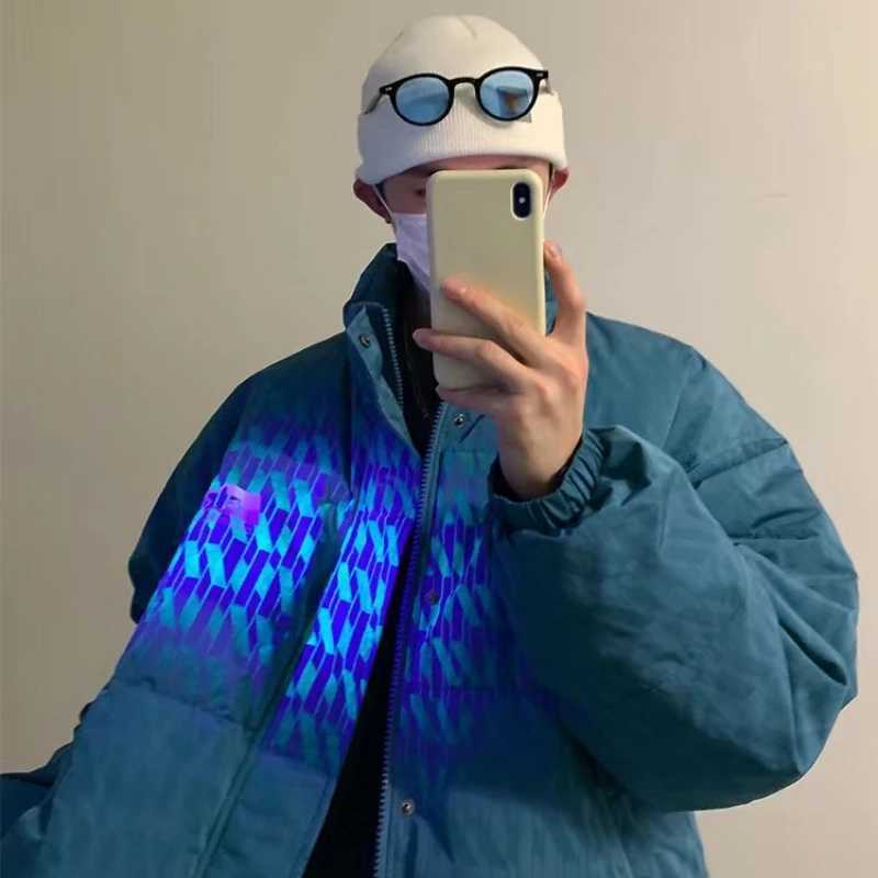 Men's Down Parkas American standing collar reflective design cotton suit mens fashion tool cotton jacket hip-hop high neck winter jacket Y2410097