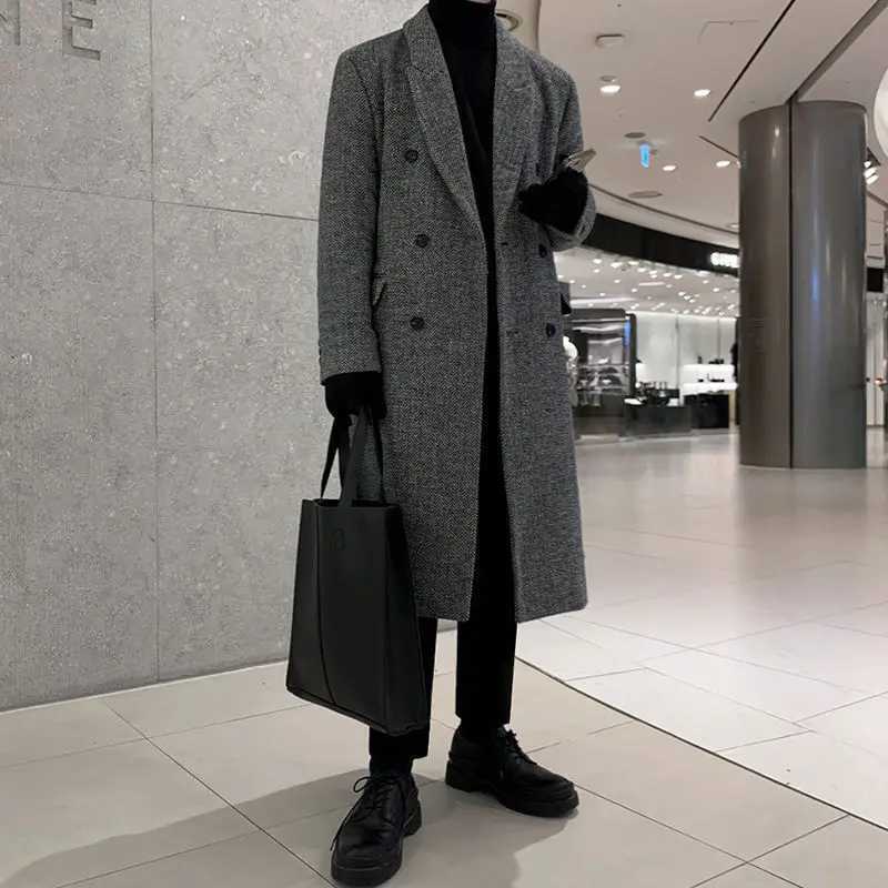 Medium Length Woolen Overcoat Coat Mens Winter Korean Version Loose Casual Thickened Mens Woolen Trench Coat LX241010