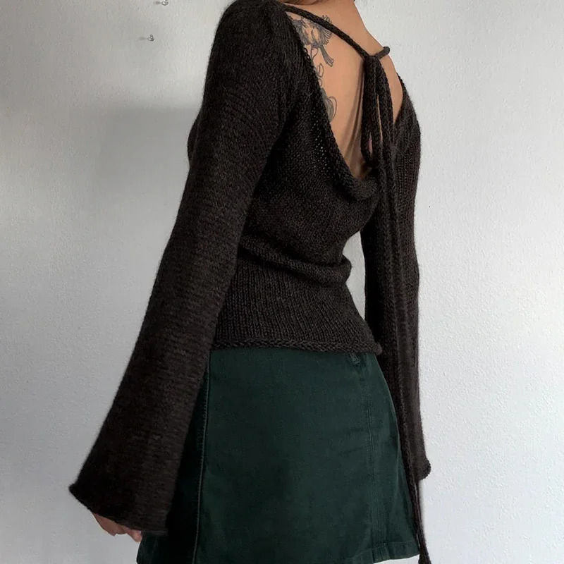 Womens Y2K Vintage Retro Sweaters Flare Long Sleeve Boat Neck Solid Color Knit Pullover Casual Tops Streetwear 241010