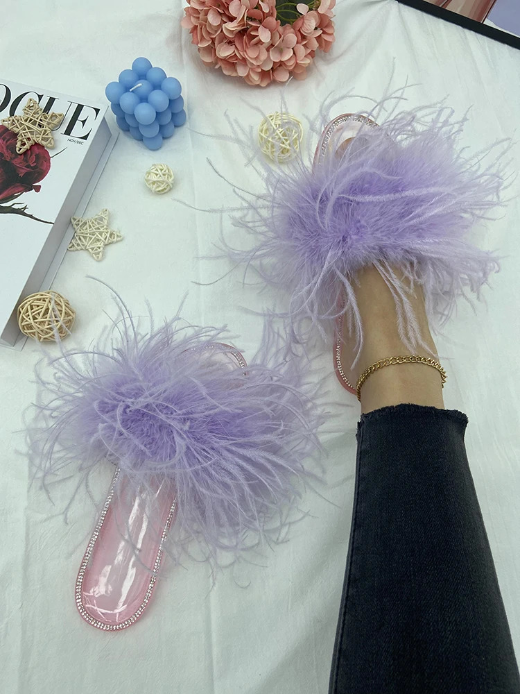Women Ostrich Feather Slides Summer Natural Fur Fluffy Slippers Crystal Jelly Transparent Sandals Female Indoor Feather Shoes 240927