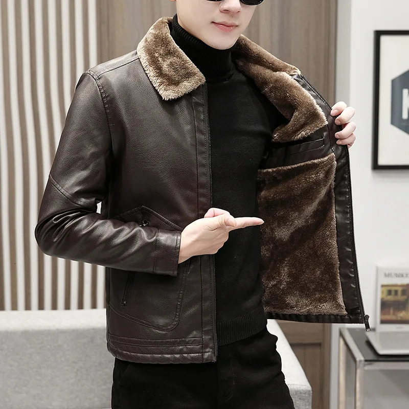 Mens thick wool Pu leather jacket mens casual fashion ultra-thin windproof jacket mens artificial fur plush coat winter velvet warm 240927