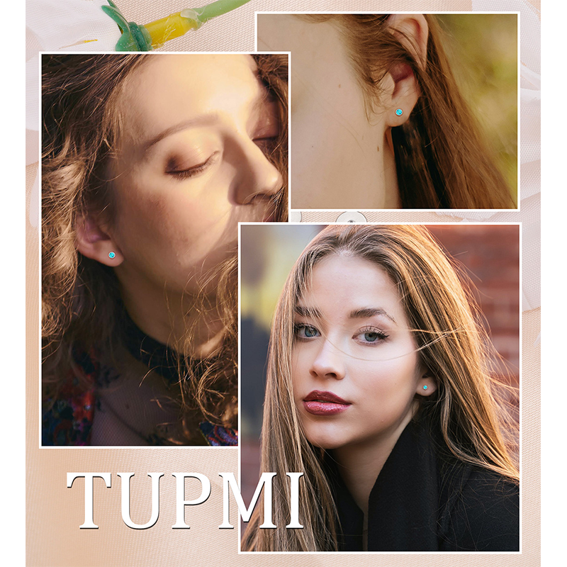 TUPMI Handmade Turquoise Stud Earrings for Sensitive Skin Hypoallergenic Women Flat Back Nap Earrings Studs 20G Screw Back Cartilage Stud Earrings Sil