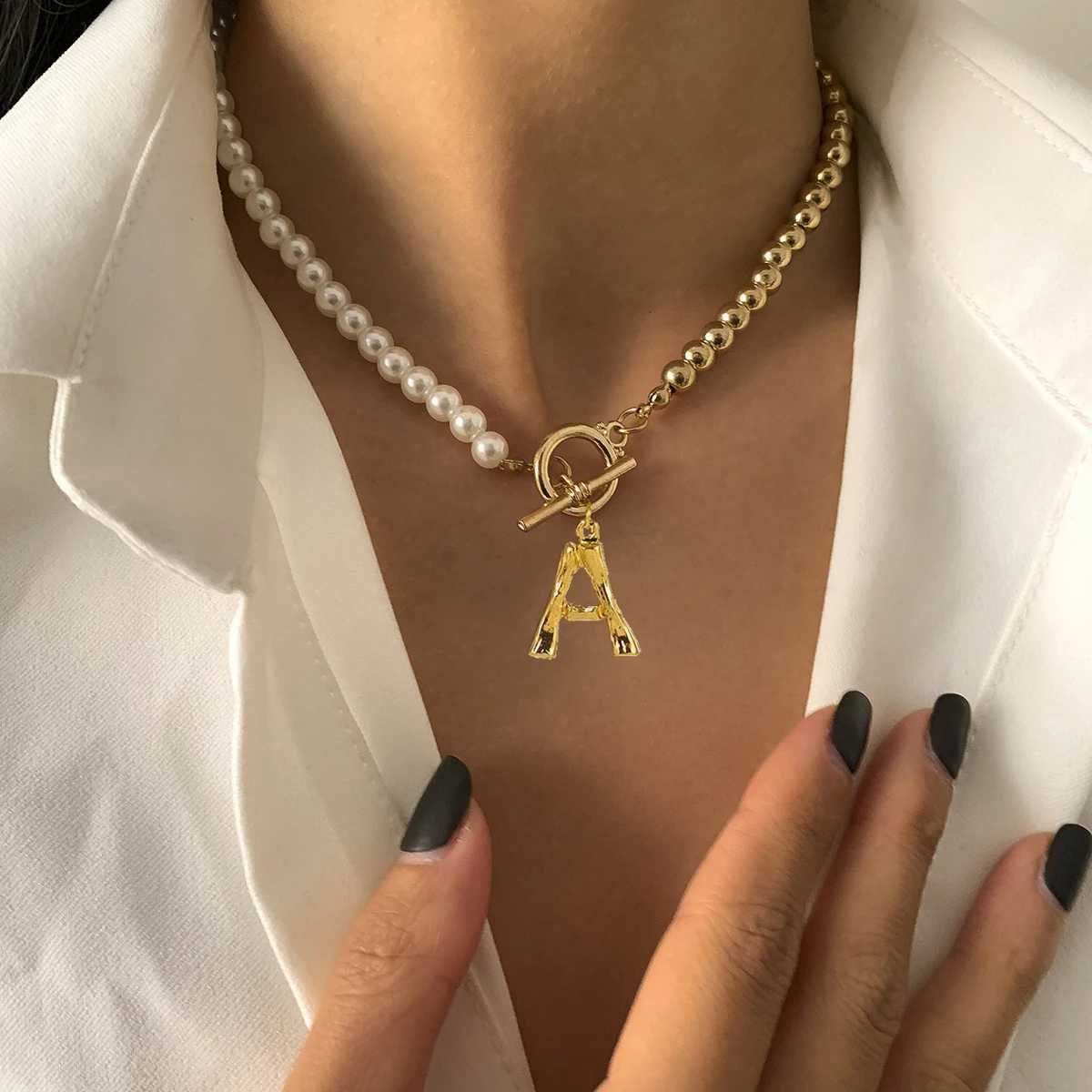 TAUAM Gold Color Bead Pearl Chain Initial Letter Necklace Women Collar Wedding Punk Toggle Clasp Circle Lariat Choker JewelryX241010