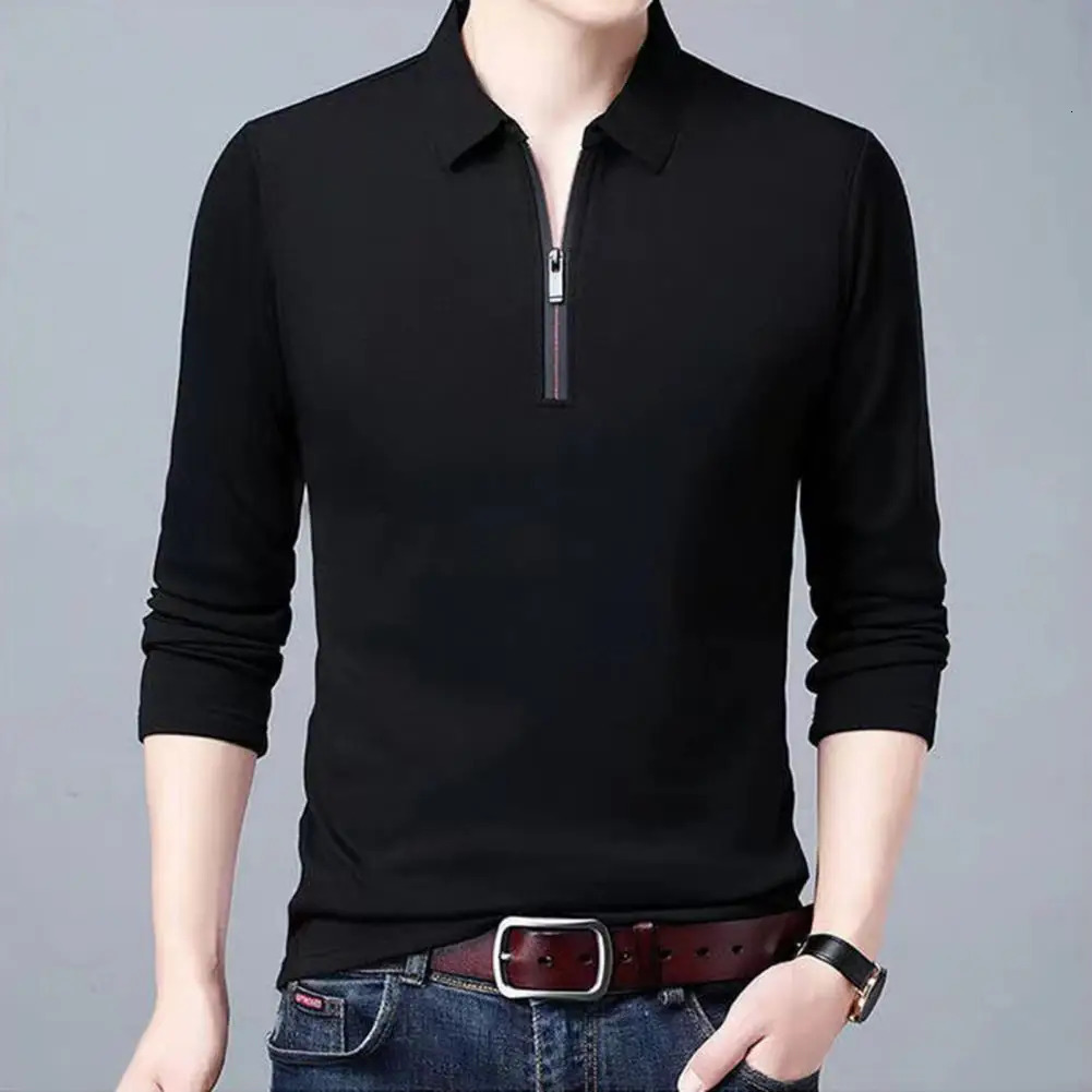 Fashion Men Business Shirt Lapel Zipper Neckline Long Sleeve Pullover Tops Spring Autumn Slim Fit Work T-shirt 241010