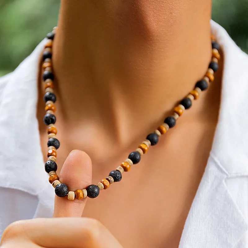 Stone and Wood Beaded Short Choker Necklace for Men Trendy Small Beads Collar Fashion Jewelry on Neck Accessories Male GiftX241010