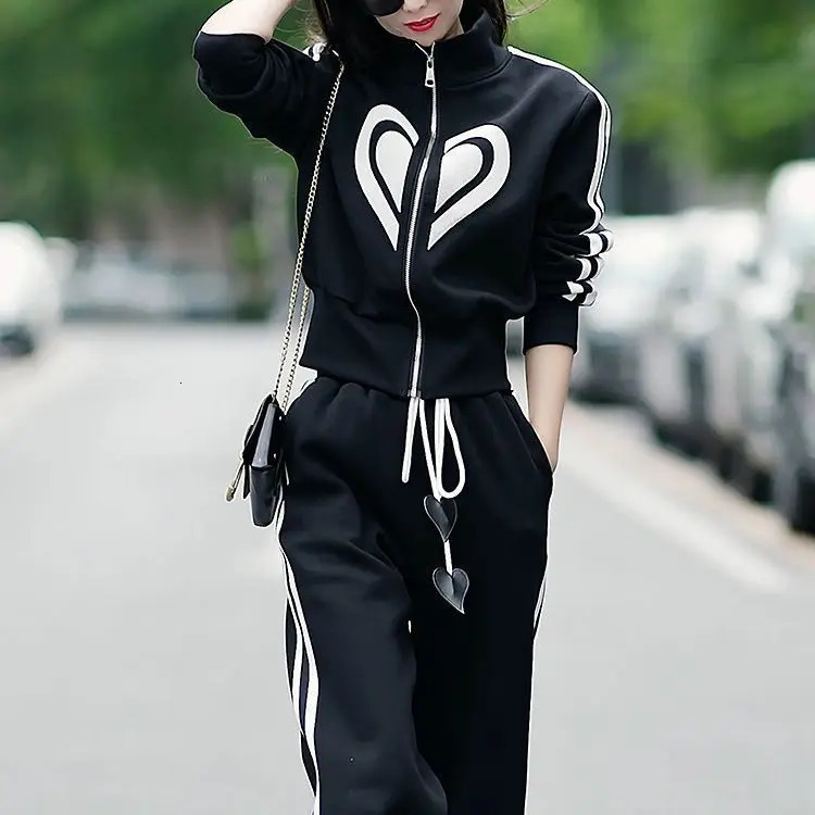 Spring highquality stand up collar zipper top wide leg pants twopiece fashionable casual sports set 241008