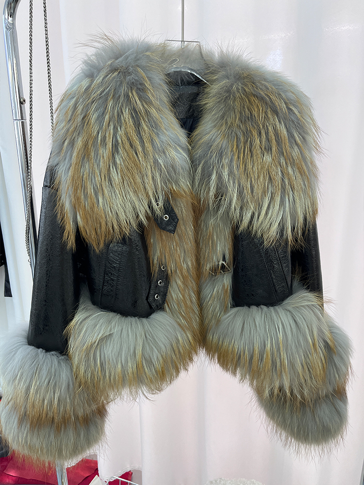 2024 New Winter Natural Raccoon Fur Collar Women's Genuine Sheepskin Leather Jacket Outerwear Female Coat