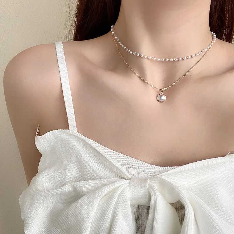 New Fashion Kpop Pearl Choker Necklace Cute Double Layer Chain Pendant For Women Jewelry Girl GiftX241009