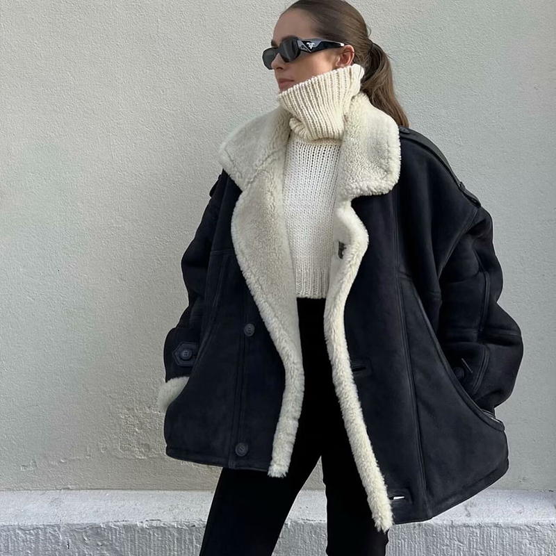 Warm Thicken Women Lambswool Loose Jacket 2024 Winter Long Sleeve Faux Suede Coat Female Oversize Top Fluffy Outerwear