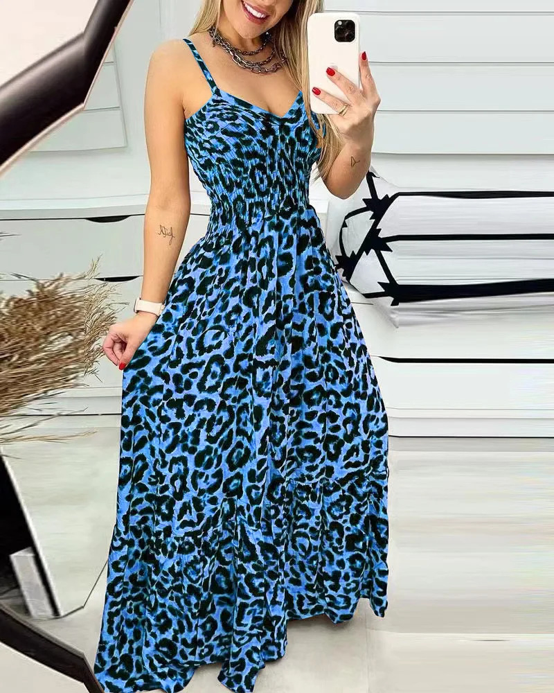 Summer leopard print camisole Vneck dress high waisted skirt sexy temperament long womens clothing plus size 241010
