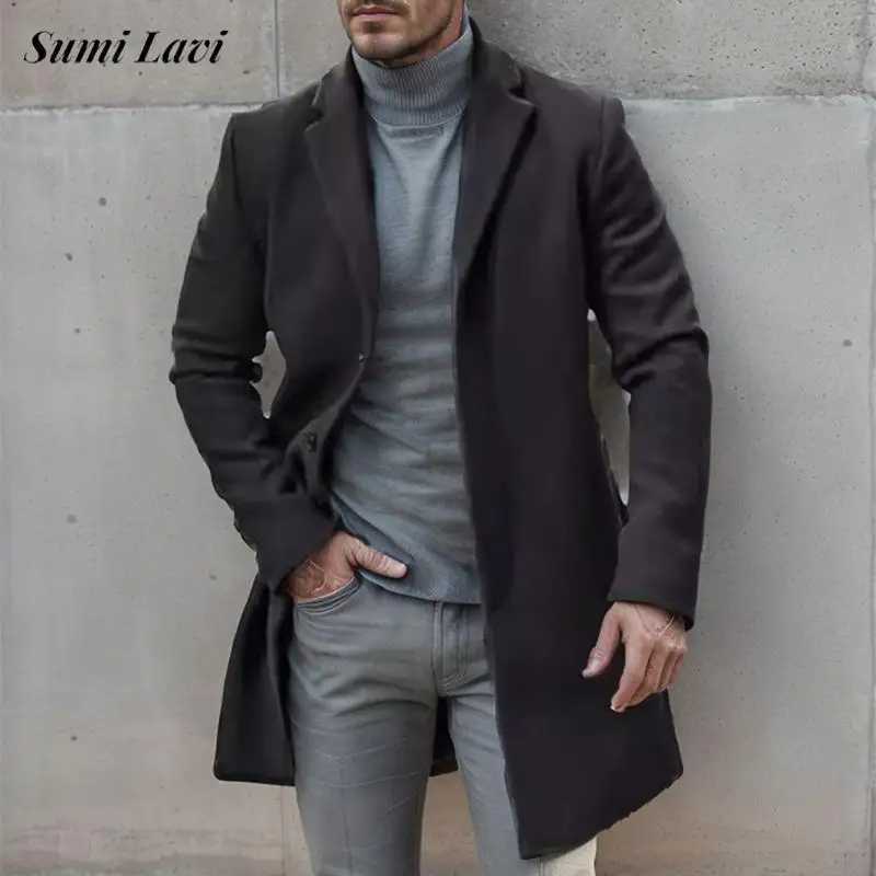 Casual Long Sleeve Woolen Outerwear Mens Vintage Solid Color Turndown Collar Mid Jacket Coat Men Autumn Winter Outdoor Overcoats LX241010