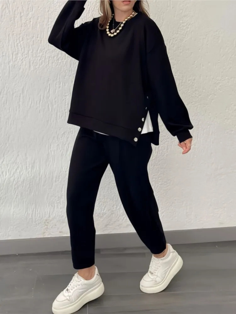Casual sports style pants set womens solid color button up sweatshirt Trouser twopiece sportswear 241008