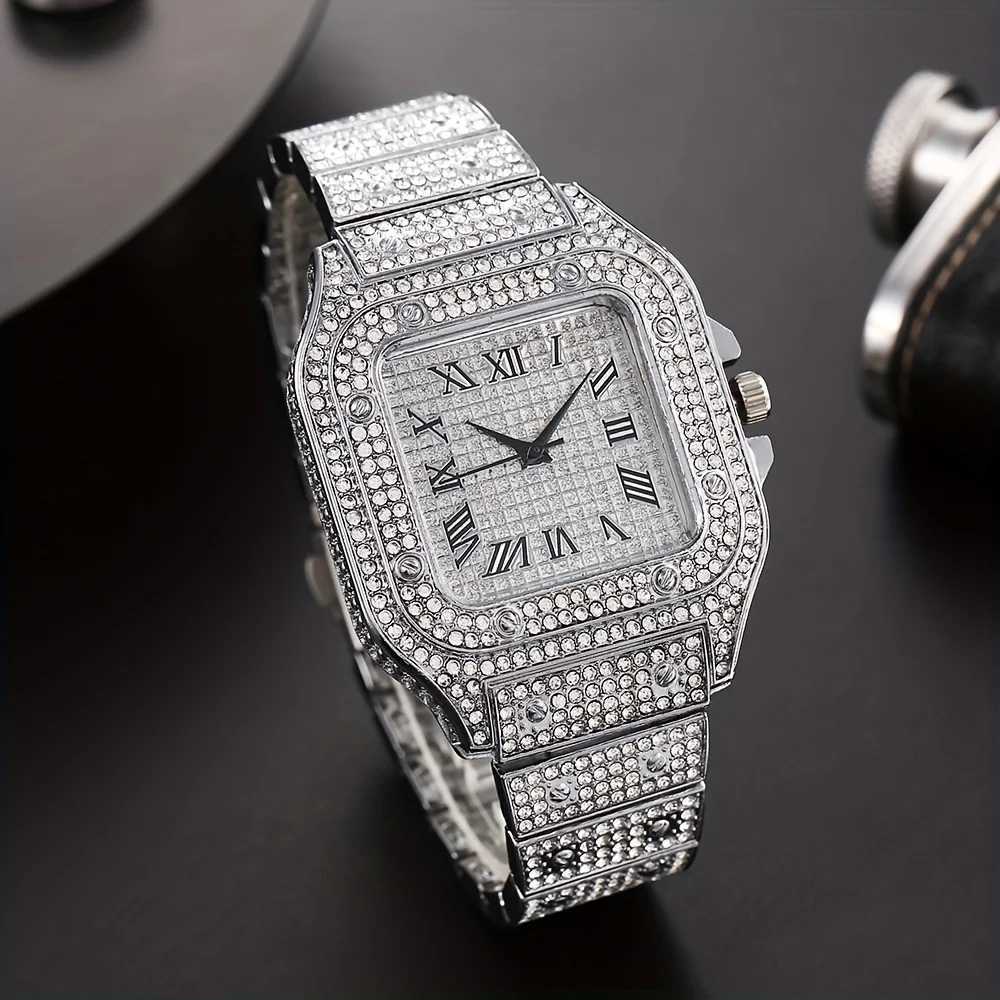 Mens Fashion Hip Hop Crystal Inlaid Watch Luxury Cuban Hand Chain Stainless Steel Iced Out Watches For Men Hip Hop RapperX241010