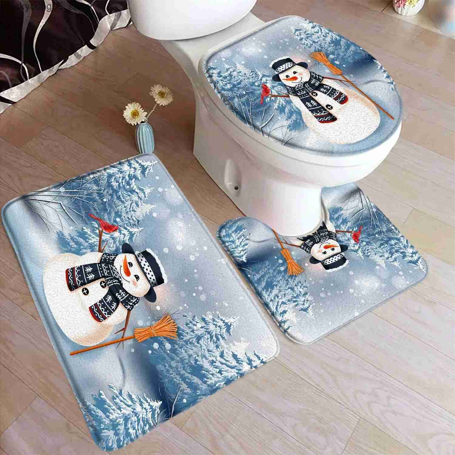 Non-Slip Bath Mats Funny Christmas Bath Mat Set Cute Snowman Santa Claus Red Balls Xmas Trees Carpet Home Decor Bathroom Floor Rug Toilet Lid Cover L2