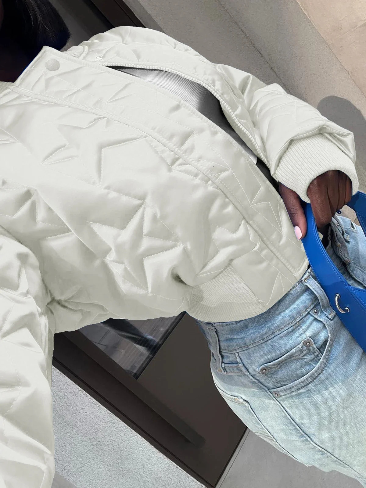 Womens Fashion Long Sleeve Zipper Short Quilted Coat Autumn Winter Cotton Padded Stars Bomber Jacket 2024 Girls Varsity 240930