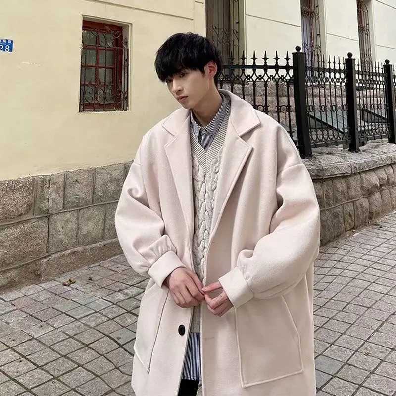 Winter trendy brand single-breasted mid-length woolen coat for men loose thickened warm windbreaker Korean style trendy for men LX241010
