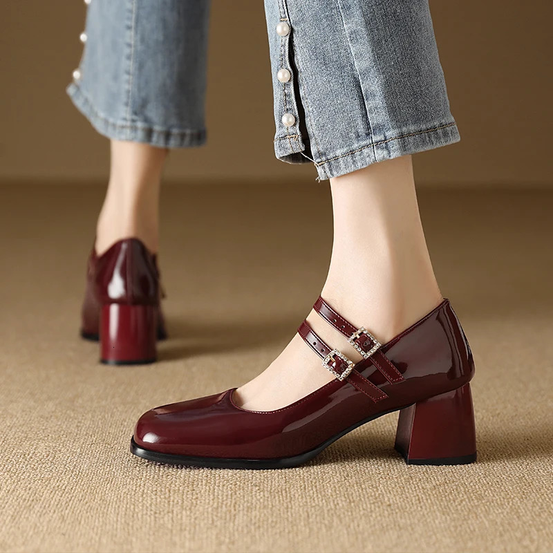 Spring Women Pumps 6cm Mary Jane Shoes French Double Strap Elegant Buckle Spring Autumn Patent Leather Burgundy Shoes 44 241007