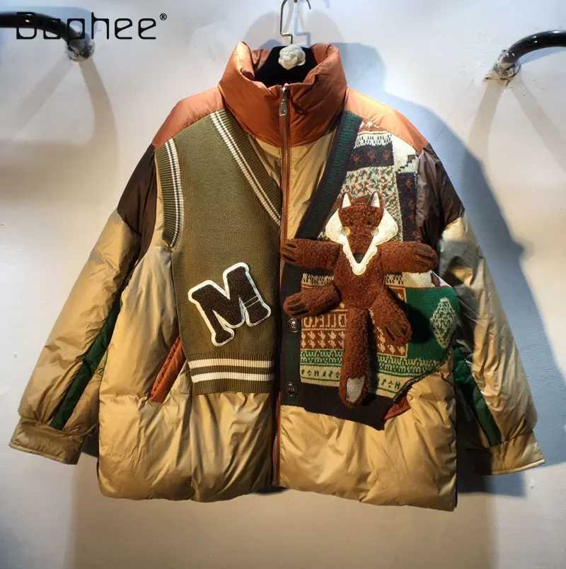 Men's Down Parkas Loose color patchwork stand up collar womens jacket 2024 autumn winter patchwork doll long Slves womens warm jacket Y241009A9TI